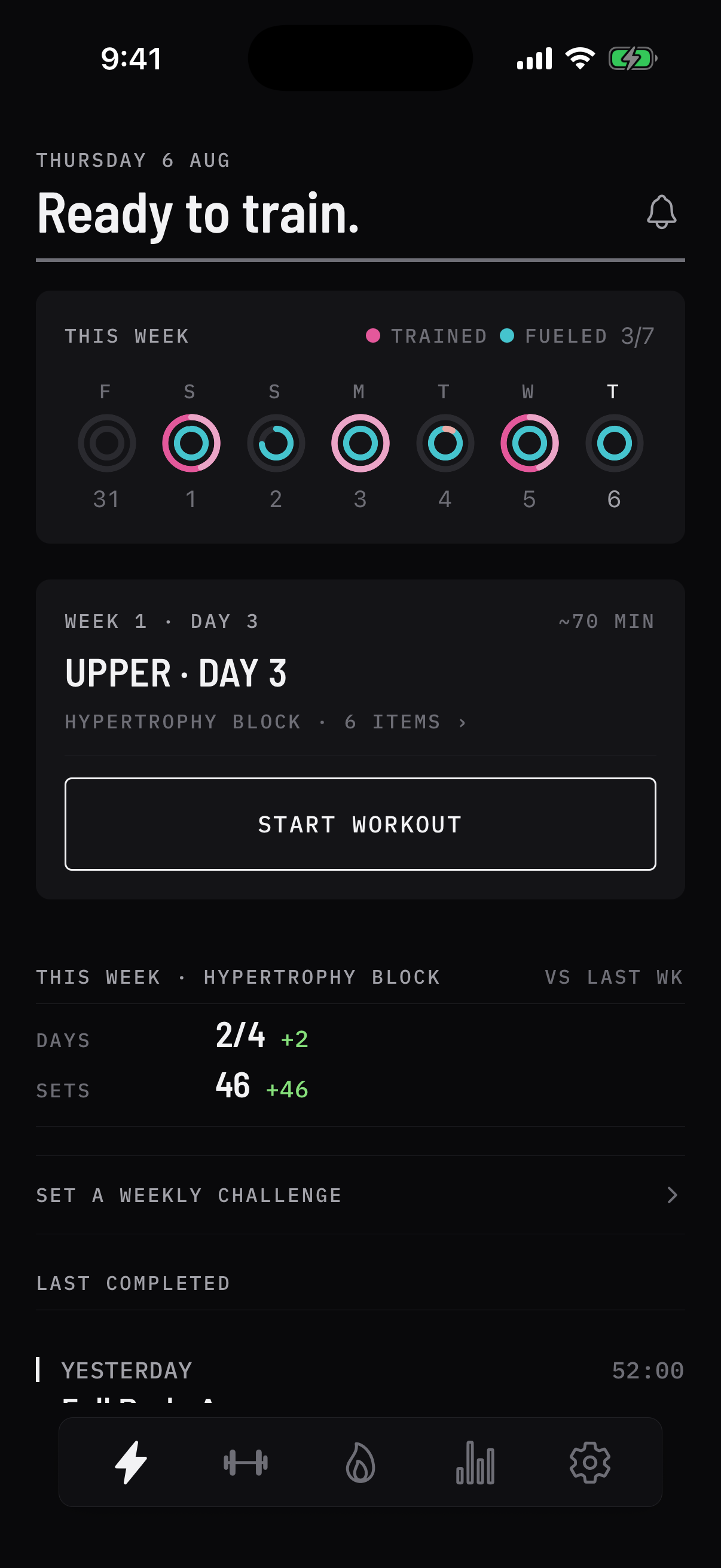 The Today screen: the coach's plan for the day with training and fuel rings